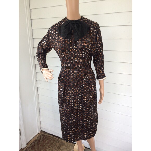 Vintage 50s Brown Print Dress Toni Edwards S - Picture 7 of 10